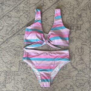 Pink Lily Pink, Purple & Blue Striped Knot Front Bikini Set
